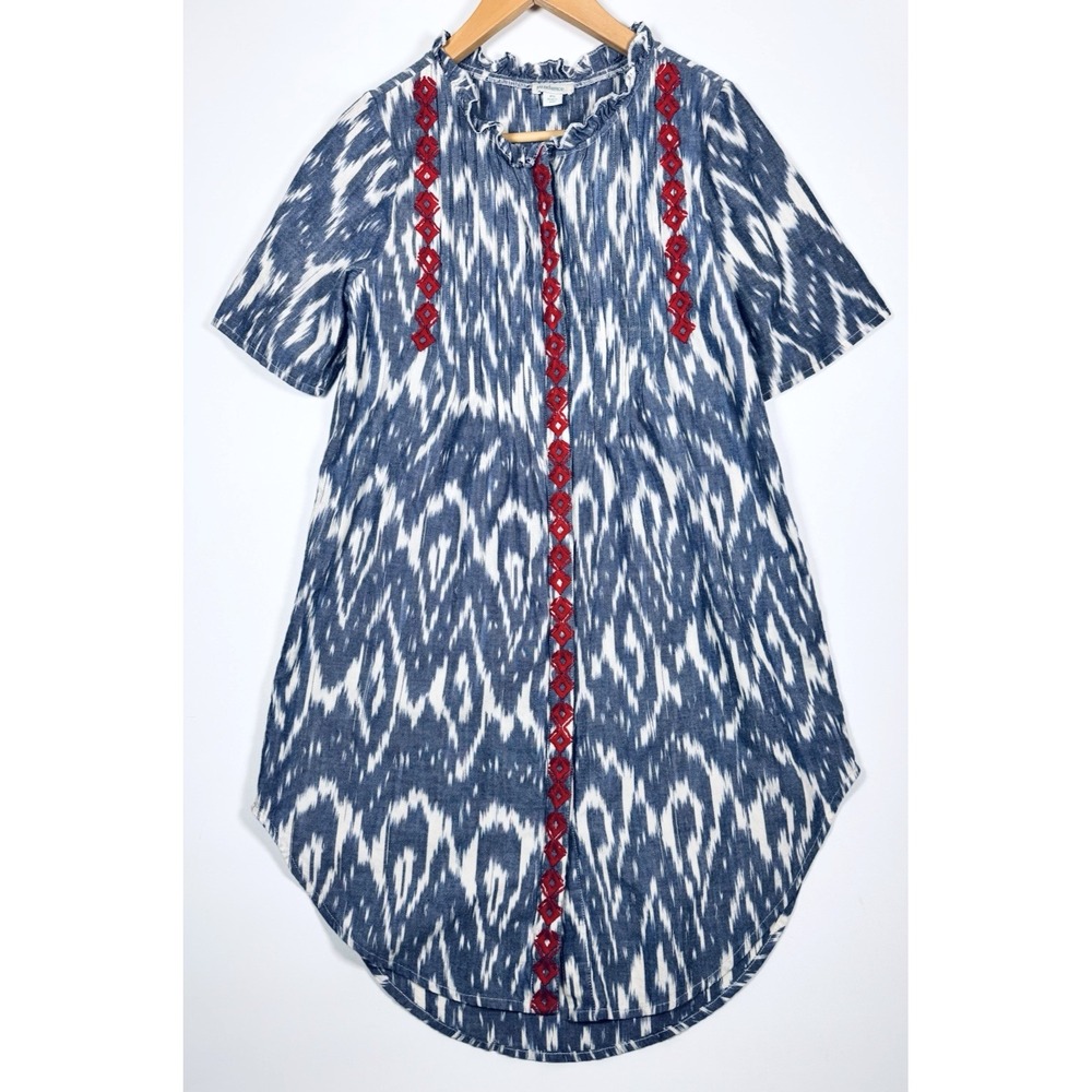 Sundance Isabel Shirt Dress Petite Small Blue Ikat Embroidered Cotton Ruffle